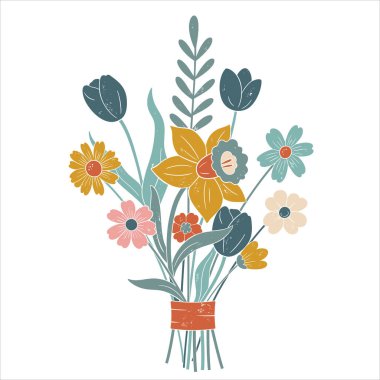 Papatya, nergis ve yumuşak desenli lalelerle dolu bahar çiçekleri. Zarif mevsimlik çiçek çizimi