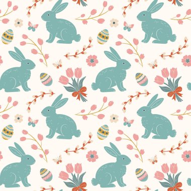 Tatlı tavşanlı, paskalya yumurtalı ve laleli bahar pürüzsüz desen. Paskalya tasarımı, kumaş ve hediye paketi için sevimli pastel arkaplan.