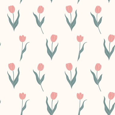 Narin pastel laleleri olan kusursuz bahar deseni. Düz bir çiçek arkaplanı