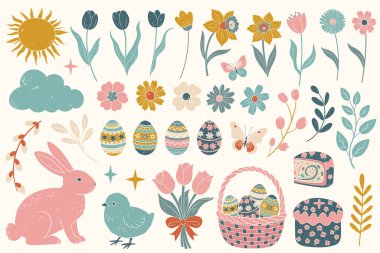 Düz desenli bahar paskalyası seti. Şirin çiçekler, yumurtalar, tavşanlar ve pastel renklerde mevsimlik elementler. İlkbahar Clipart