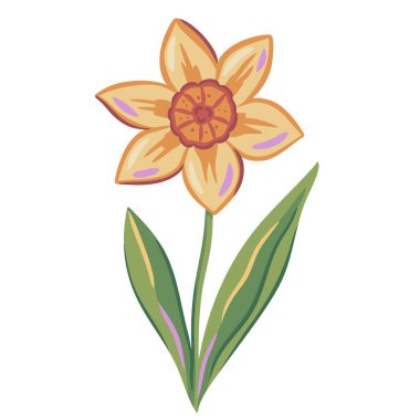Single spring daffodil flower in playful hand drawn style. Soft pastel floral illustration for seasonal design