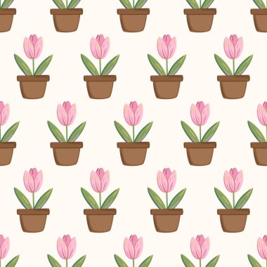 Minimalist, oyuncu el çizimi tarzında saksıda laleler olan kusursuz yay deseni. Yumuşak pastel çiçek arkaplanı