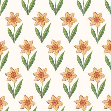 Şakacı el çizimi tarzında nergislerle kusursuz yay deseni. Yumuşak pastel çiçek arkaplanı