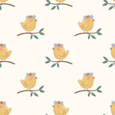 Minimalist el çizimi tarzında çiçeklerle süslenmiş kuşlarla kusursuz yay deseni. Yumuşak pastel tasarımı