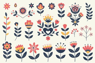 El yapımı halk botanik öğeleri koleksiyonu. Çiçekler, yapraklar, dallar ve simetrik çiçek kompozisyonları.