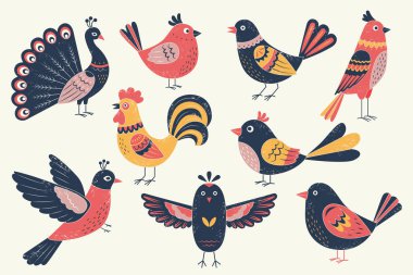 Geleneksel halk kuşları. Stylize horoz, tavus kuşu, serçe ve ötücü kuşlar. Dokuları el çizimi kuşlar.