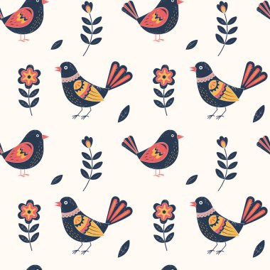 Geleneksel halk kuşları kusursuz desen. Dokulu el çizimi kuşlar ve çiçek arkaplanı.