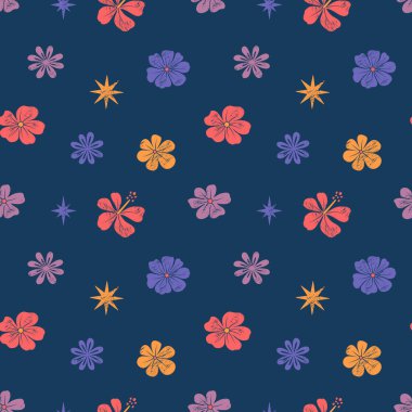 Tropik egzotik çiçekleri ve yıldızları olan çiçeksiz bir desen. Yumuşak desenli yaz arkaplanı