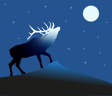 Bir geyik tasviri bir kayanın üzerinde duruyor ve gece gökyüzüne bakıyor, ay, yıldızlar ve ay ışığı geyiğin yüzüne yansıyor..