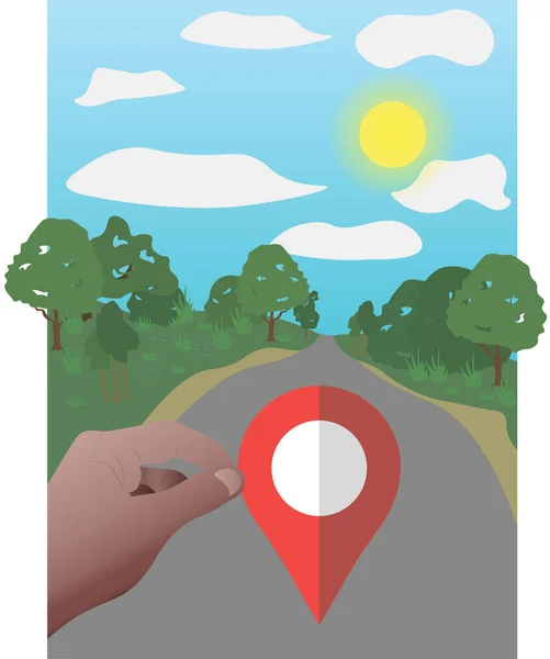 Hand Holds Geolocation Icon Road Motivates Indicate Your Coordinates — Stock Vector