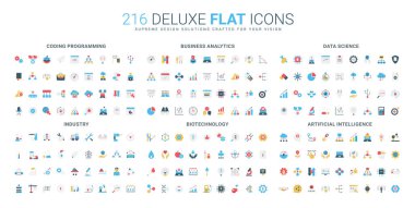 Düz simge seti kodlama, analitik, veri bilimi, endüstri, biyoteknoloji, yapay zeka kavramları, dijital ve bilimsel temalar için modern semboller izole edilmiş vektör ilüstrasyonunu kapsar