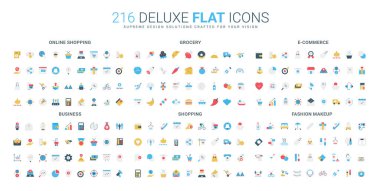Colorful flat icon collection covers online shopping, grocery, e-commerce, business, retail, and fashion makeup themes, suitable for digital commerce and retail concepts isolated vector illustration