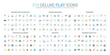 Bilgi teknolojisi, insan kaynakları, takım çalışması, yapay zeka, endüstri ve iş analitiği izole edilmiş vektör resimlerini kapsayan geniş bir dizi düz stil simgesi