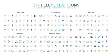 Ampul, çevre, hava, kimya, doğal afet ve bilim kavramlarını temsil eden düz biçim simgeleri, eğitimsel ve bilgilendirici tasarım izole vektör ilüstrasyonunda kullanışlı