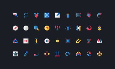 Arayüz ve iş akışı tasarımı için UI arka plan vektör çizimi üzerinde çeşitli ok yönleri, navigasyon, rotasyon ve hareket sembolleri ile gradyan düz simgeler belirlendi.