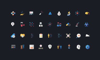 DNA, genetik, moleküler biyoloji, laboratuvar, genom araştırması ve karanlık UI arka plan çizimi üzerine tıbbi bilim unsurları içeren gradyan düz biçim simgeleri.