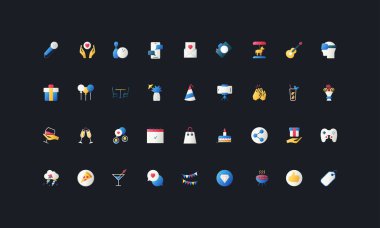 Doğum günü, parti, kutlama, yemek, içecekler, hediyeler, müzik, dekorasyon ve koyu UI arka plan çizimi üzerine sosyal öğeler içeren gradyan düz simgeler.