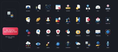 Yapay zeka, otomasyon, veri işleme, dijital teknoloji ve karanlık UI arka plan çizimi üzerine bilimsel kavramlara sahip gradyan düz biçim simgeleri.