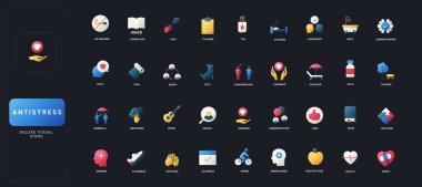 Koyu UI arka plan vektör illüstrasyonunda antistres, sağIık, özgüven, farkındalık ve sağlıklı yaşam tarzı ikonları seti.