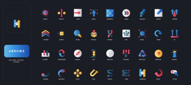 Modern dijital kavramlar için UI arka plan çizimi üzerinde çeşitli ok yönleri, navigasyon, hareket ve arayüz sembolleri ile gradyan düz simgeler belirlendi.