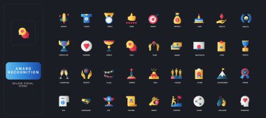 Koyu UI arka plan vektör tanıma ve başarı temaları üzerinde kupalar, madalyalar, sertifikalar, başarılar, ödüller ve kutlama unsurları içeren gradyan düz biçim simgeleri.