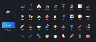 Bebek bakımı, çocukluk aktiviteleri, aile, oyuncaklar, yiyecek, hijyen ve oyun zamanı nesneleri ile koyu UI arka plan çizimi üzerine grafiksel düzlem simgeleri.