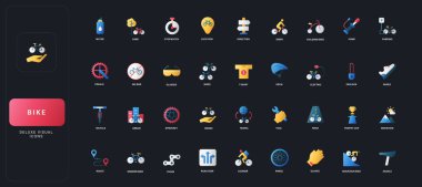 Koyu UI arka plan çizimi üzerinde bisiklet, ekipman, navigasyon, güvenlik, rekabet ve bakım unsurları ile gradyan düz simgeler ayarlandı.