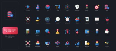 Koyu UI arka plan vektör illüstrasyonuna ilişkin blockchain, crypto currency, mining, security, wallet, data ve ağ kavramlarına sahip gradyan düz biçim simgeleri.