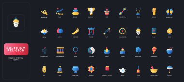 Budist sembolleri, ritüelleri, nesneleri ve ruhani elementleri ile Budizm geleneğinin çeşitli yönlerini temsil eden UI arka plan vektör ilüstrasyonunda gradyan düz simgeler..