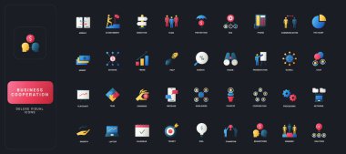 Mesleki işbirliği temaları için iş, takım çalışması, iletişim, finans ve strateji kavramları içeren kademeli düz biçim simgeleri.