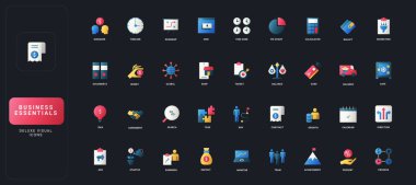 İş yönetimi, finans, planlama, takım çalışması, analitik ve koyu UI arka plan çizimi üzerine iş akışı konseptleri içeren gradyan düz biçim simgeleri.