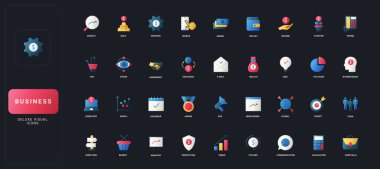 Koyu UI arka plan çizimi üzerinde finans, yönetim, analitik, iletişim, teknoloji ve iş süreci unsurlarına sahip gradyan düz simgeler.