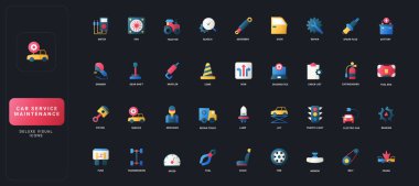 Koyu UI arka plan çizimi üzerinde otomotiv onarımı, teşhis, mekanik araçlar, güvenlik ekipmanları ve araç bakım elemanlarına sahip gradyan düz simgeler ayarlandı.
