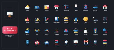 Koyu UI arka plan çizimi üzerinde çeşitli şehir altyapısı, ulaşım, dinlenme, alışveriş ve hizmet unsurlarına sahip gradyan düz biçim simgeleri ayarlandı.