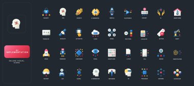 Koyu UI arka plan çizimi üzerinde yapay zeka, teknoloji, otomasyon, robotik, veri ve akıllı sistemlere sahip gradyan düz biçim simgeleri.