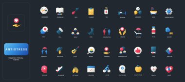 Koyu UI arka plan vektör illüstrasyonunda antistres, sağIık, özgüven, farkındalık ve sağlıklı yaşam tarzı ikonları seti.