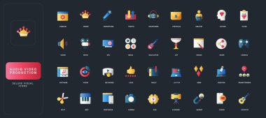 Ses, video, müzik, yaratıcı araçlar, dijital ortam, ve multimedya ve içerik oluşturma için UI arka plan vektör ilüstrasyonunda prodüksiyon unsurları içeren gradyan düz simgeler.