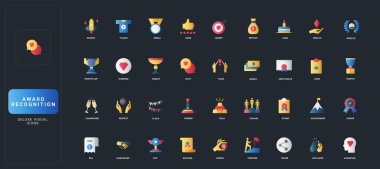 Koyu UI arka plan vektör tanıma ve başarı temaları üzerinde kupalar, madalyalar, sertifikalar, başarılar, ödüller ve kutlama unsurları içeren gradyan düz biçim simgeleri.