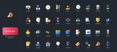 Koyu UI arka plan çizimi üzerinde finans, bankacılık, güvenlik, yönetim, teknoloji ve dijital işlem kavramları ile gradyan düz simgeler.