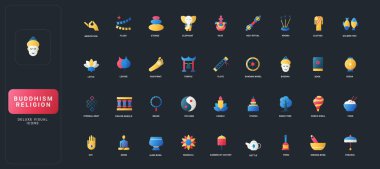 Budist sembolleri, ritüelleri, nesneleri ve ruhani elementleri ile Budizm geleneğinin çeşitli yönlerini temsil eden UI arka plan vektör ilüstrasyonunda gradyan düz simgeler..