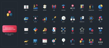 Mesleki işbirliği temaları için iş, takım çalışması, iletişim, finans ve strateji kavramları içeren kademeli düz biçim simgeleri.