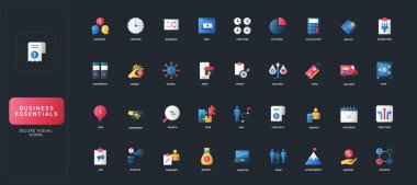İş yönetimi, finans, planlama, takım çalışması, analitik ve koyu UI arka plan çizimi üzerine iş akışı konseptleri içeren gradyan düz biçim simgeleri.