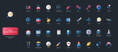 Otomobil bakımı, onarım, teşhis, araçlar, güvenlik ve otomotiv servis elemanları ile koyu UI arkaplan çizimi üzerine grafiksel düz simgeler.