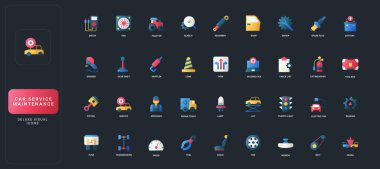 Koyu UI arka plan çizimi üzerinde otomotiv onarımı, teşhis, mekanik araçlar, güvenlik ekipmanları ve araç bakım elemanlarına sahip gradyan düz simgeler ayarlandı.