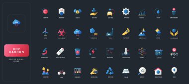 Karbon, enerji, ekoloji, bilim, geri dönüşüm ve karanlık UI arka plan çizimi üzerindeki çevresel etki kavramlarına sahip gradyan düz biçim simgeleri.