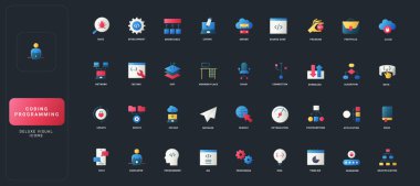 Koyu UI arka plan çizimi üzerinde kodlama, programlama, geliştirme, bulut, sunucu, algoritma ve dijital iş akışı öğelerine sahip gradyan düz simgeler.