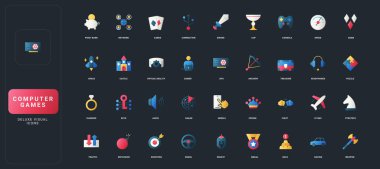 Koyu UI arka plan çizimi üzerinde oyun, strateji, yarış, sanal gerçeklik, ağ ve başarı unsurlarına sahip gradyan düz biçim simgeleri.