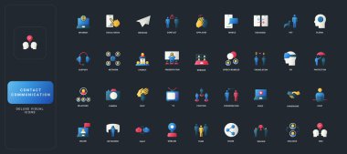 İnternet, sosyal medya, mesajlaşma, video, çeviri, takım çalışması ve koyu UI arka plan çizimi üzerine diyalog konseptleri içeren gradyan düz biçim simgeleri.