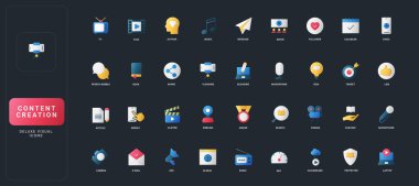 Dijital içerik oluşturma temaları için Koyu UI arka plan vektör ilüstrasyonu üzerinde medya, iletişim, blog, sosyal, teknoloji ve yaratıcı araçlar ile gradyan düz simgeler belirlendi.