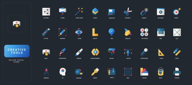 Yaratıcı dijital araçlar, tasarım unsurları, çokluortam, ölçüm ve sanatsal ekipman ile koyu UI arka plan çizimi üzerine gradyan düz simgeler.